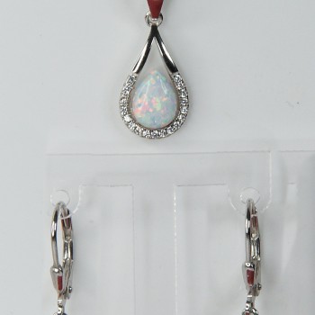 Sterling Silver/CZ/White Opal Teardrop Earrings and Pendant Set